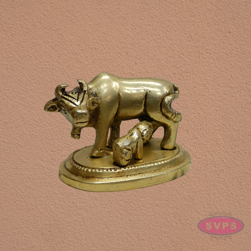 Auspicious Kamadhenu Cow with Calf Brass Statue | Spiritual Pooja Decor