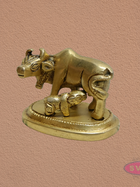 Auspicious Kamadhenu Cow with Calf Brass Statue | Spiritual Pooja Decor