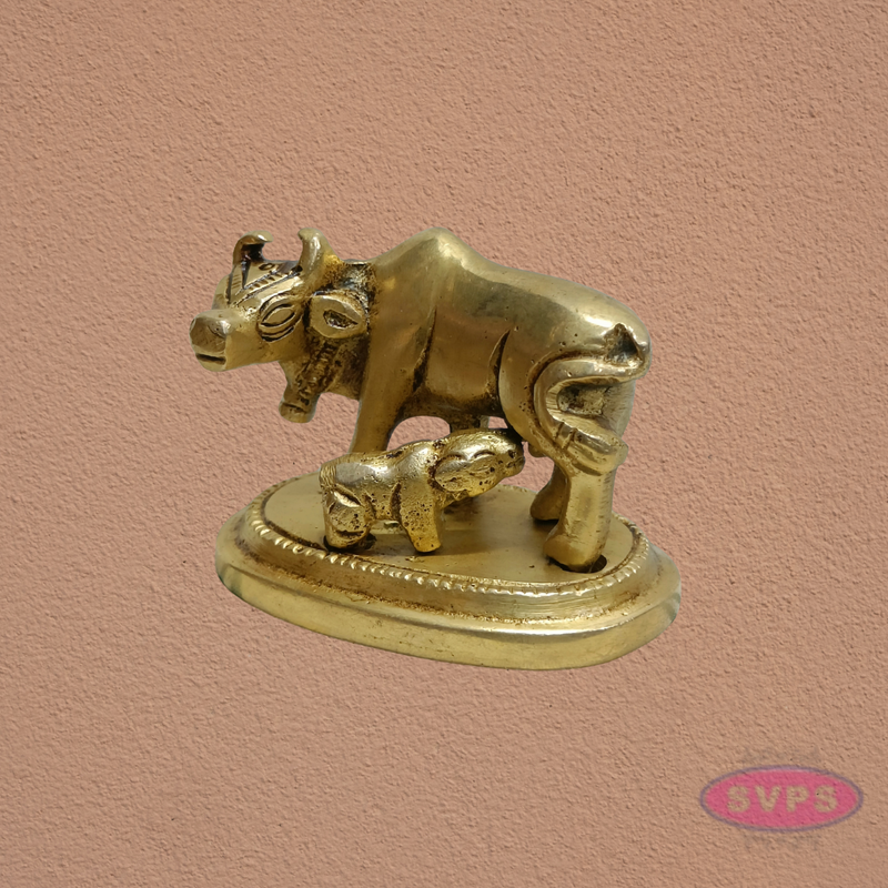 Auspicious Kamadhenu Cow with Calf Brass Statue | Spiritual Pooja Decor
