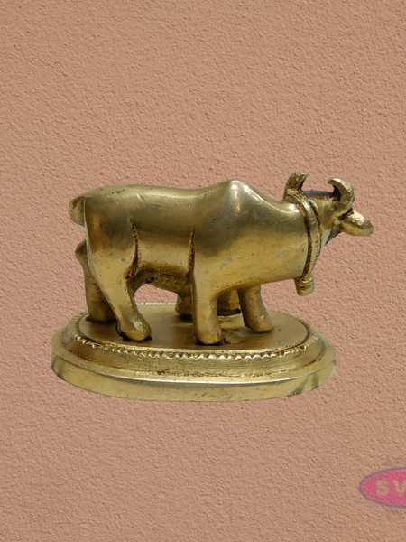 Auspicious Kamadhenu Cow with Calf Brass Statue | Spiritual Pooja Decor