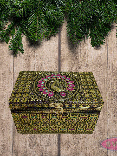 Meenakari Wooden Dry Fruit Box with 2 Glass Jars – Peacock Design Decorative Gift Box