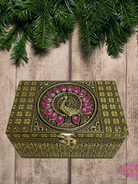 Meenakari Wooden Dry Fruit Box with 2 Glass Jars – Peacock Design Decorative Gift Box