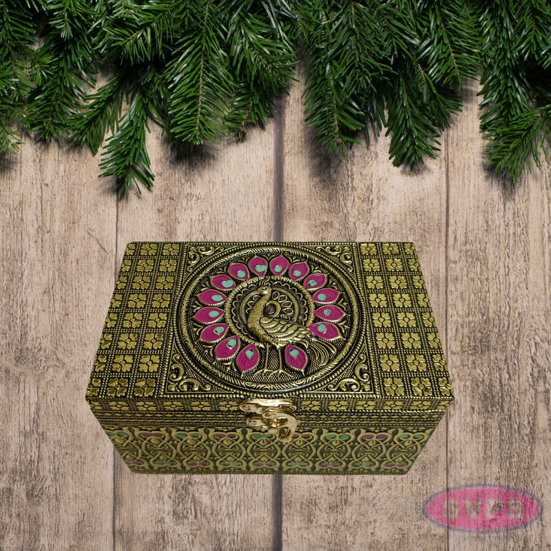 Meenakari Wooden Dry Fruit Box with 2 Glass Jars – Peacock Design Decorative Gift Box