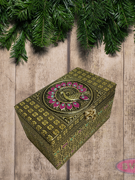 Meenakari Wooden Dry Fruit Box with 2 Glass Jars – Peacock Design Decorative Gift Box