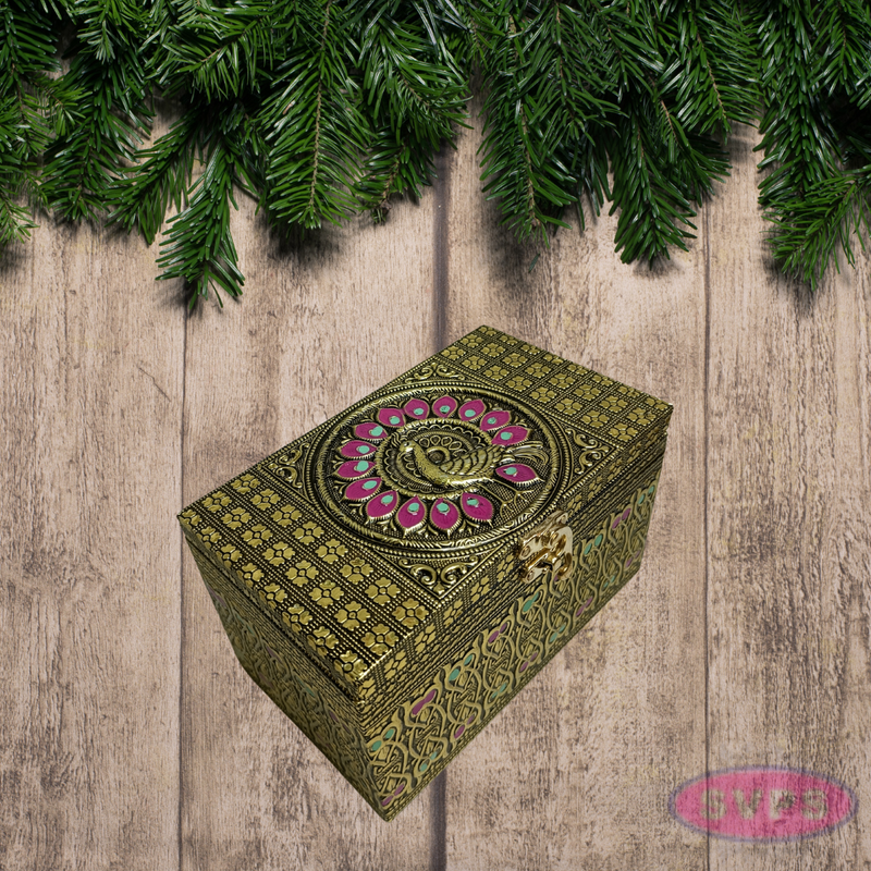Meenakari Wooden Dry Fruit Box with 2 Glass Jars – Peacock Design Decorative Gift Box