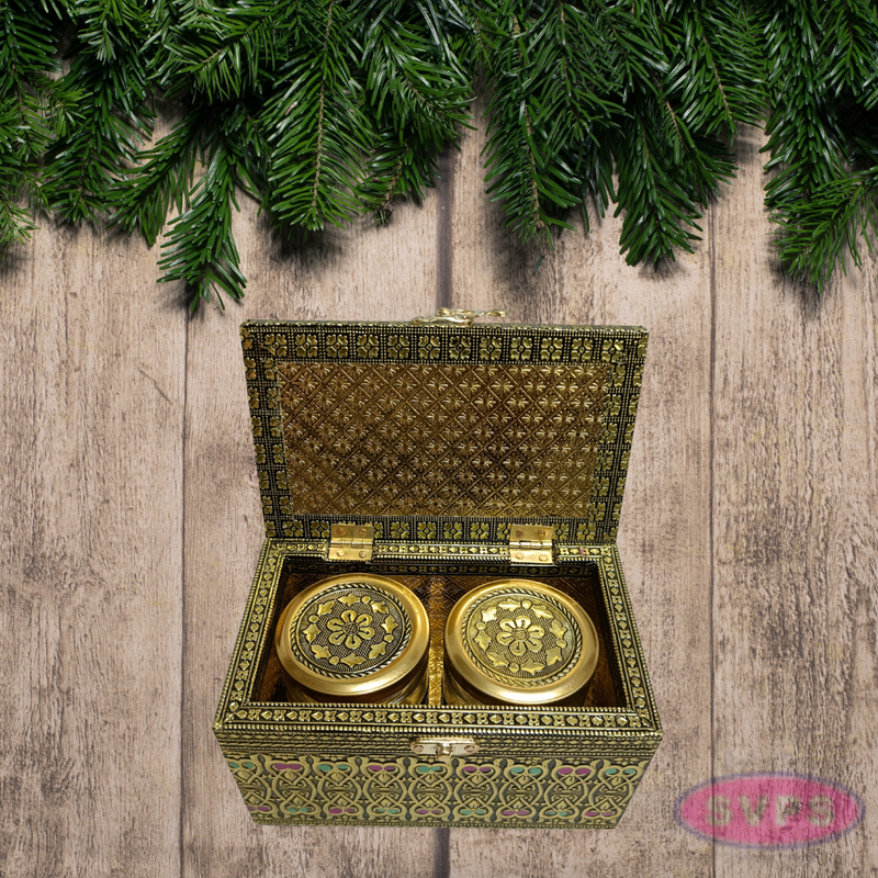 Meenakari Wooden Dry Fruit Box with 2 Glass Jars – Peacock Design Decorative Gift Box