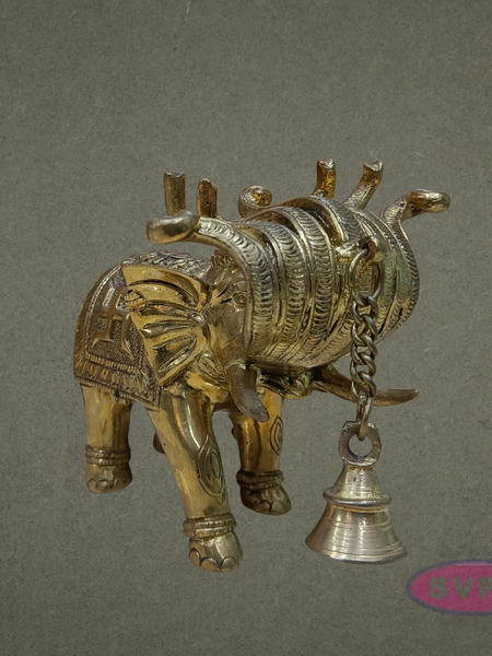 Handcrafted Brass Elephant Idol with Swastik & Hanging Bell for Vastu & Home Decor