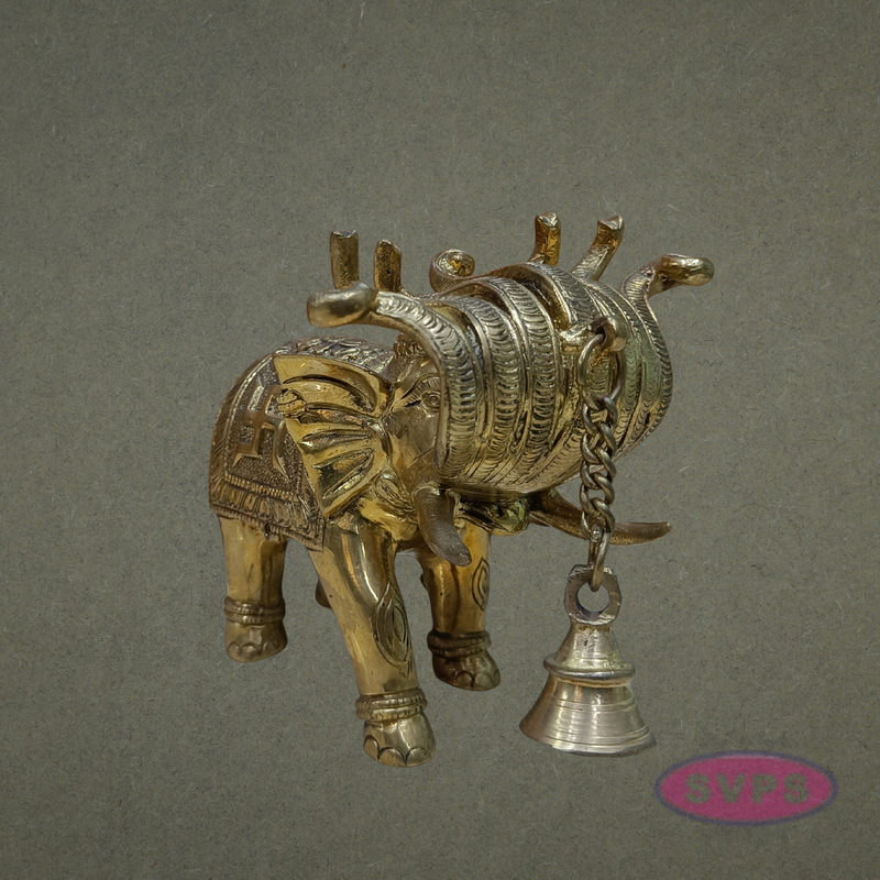 Handcrafted Brass Elephant Idol with Swastik & Hanging Bell for Vastu & Home Decor