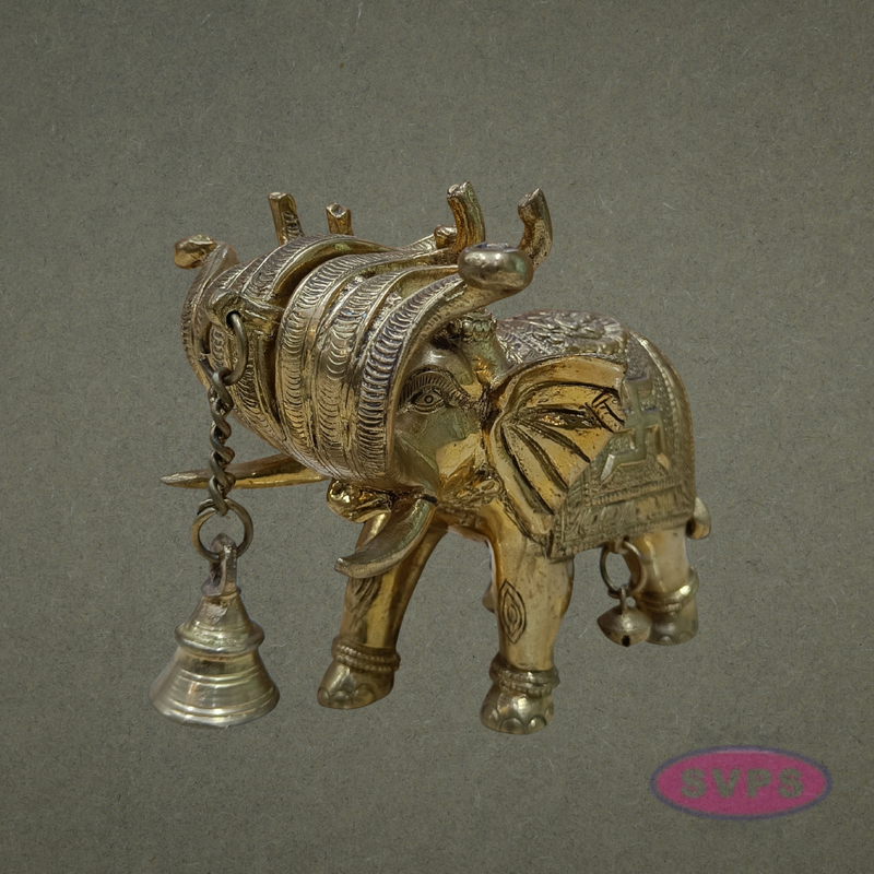 Handcrafted Brass Elephant Idol with Swastik & Hanging Bell for Vastu & Home Decor