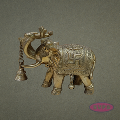 Handcrafted Brass Elephant Idol with Swastik & Hanging Bell for Vastu & Home Decor