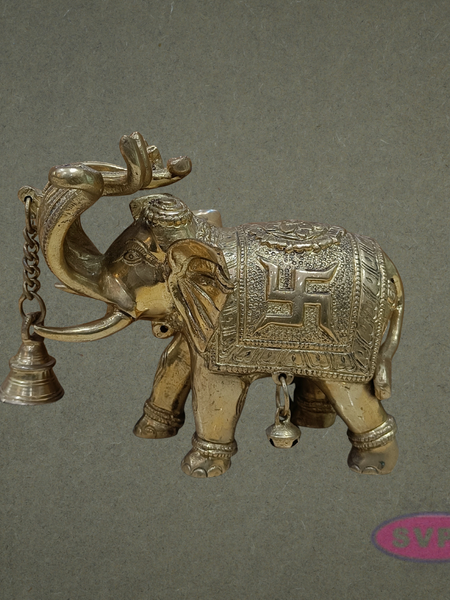 Handcrafted Brass Elephant Idol with Swastik & Hanging Bell for Vastu & Home Decor