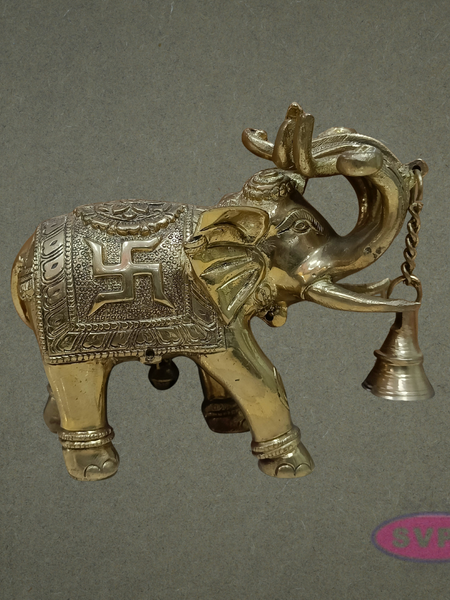 Handcrafted Brass Elephant Idol with Swastik & Hanging Bell for Vastu & Home Decor