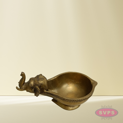 Brass Elephant Diya with Round Bowl – Golden Finish Traditional Deepam