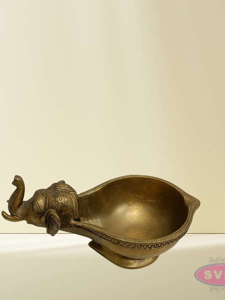 Brass Elephant Diya with Round Bowl – Golden Finish Traditional Deepam