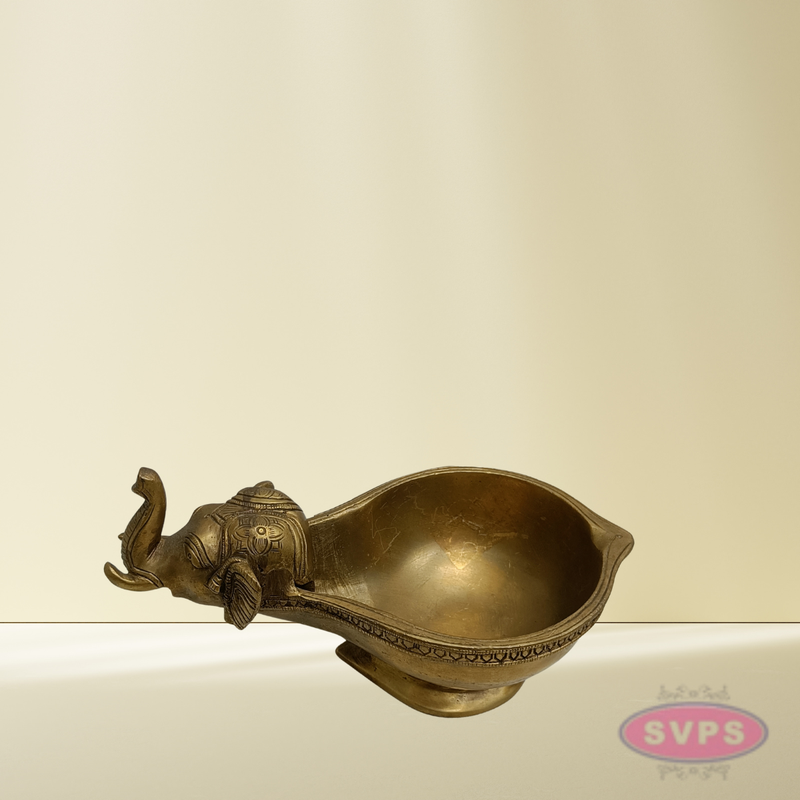 Brass Elephant Diya with Round Bowl – Golden Finish Traditional Deepam