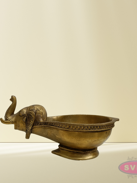 Brass Elephant Diya with Round Bowl – Golden Finish Traditional Deepam