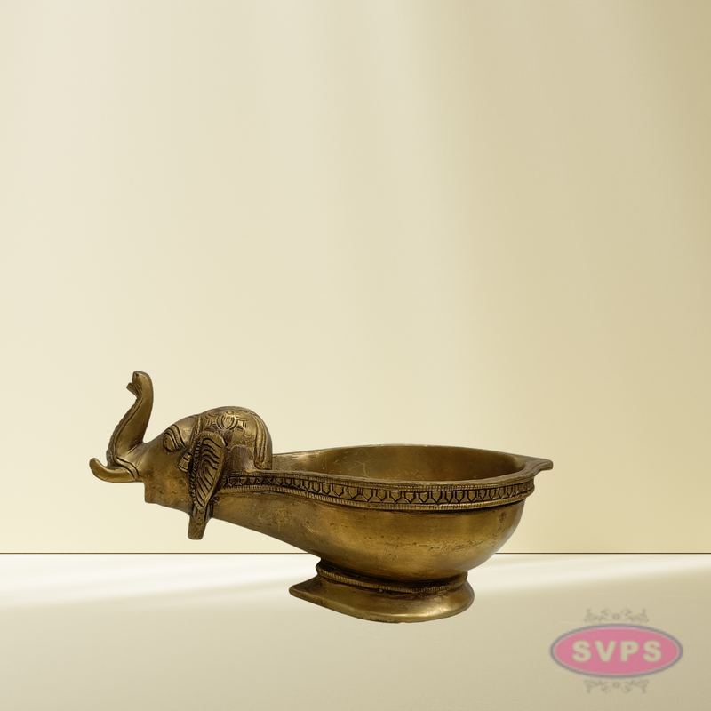 Brass Elephant Diya with Round Bowl – Golden Finish Traditional Deepam
