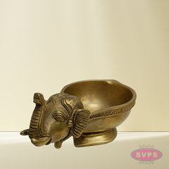 Brass Elephant Diya with Round Bowl – Golden Finish Traditional Deepam