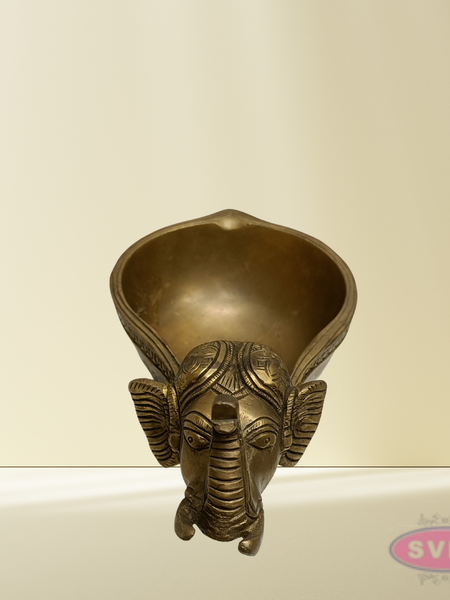 Brass Elephant Diya with Round Bowl – Golden Finish Traditional Deepam
