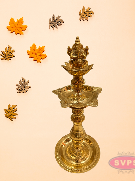 Traditional Brass Ganesha Deepam | Antique Finish Kuthu Vilakku for Pooja & Home Décor