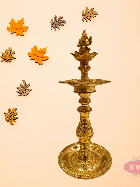 Traditional Brass Ganesha Deepam | Antique Finish Kuthu Vilakku for Pooja & Home Décor
