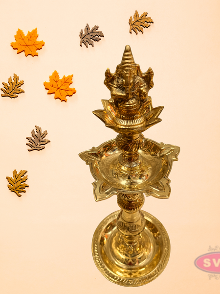 Traditional Brass Ganesha Deepam | Antique Finish Kuthu Vilakku for Pooja & Home Décor