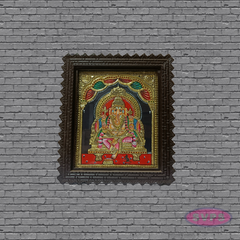 Ganesha Tanjore Art with Antique Finish Teak Wood Frame