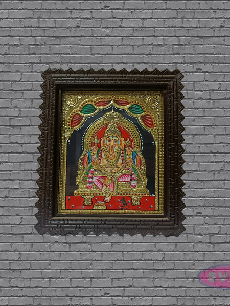 Ganesha Tanjore Art with Antique Finish Teak Wood Frame