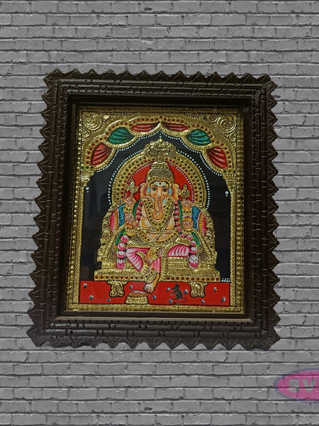 Ganesha Tanjore Art with Antique Finish Teak Wood Frame