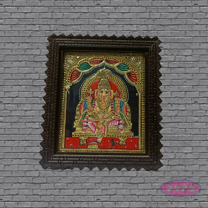 Ganesha Tanjore Art with Antique Finish Teak Wood Frame