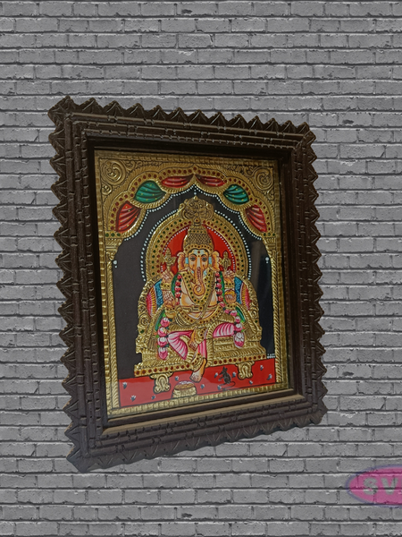 Ganesha Tanjore Art with Antique Finish Teak Wood Frame