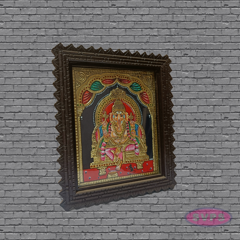 Ganesha Tanjore Art with Antique Finish Teak Wood Frame