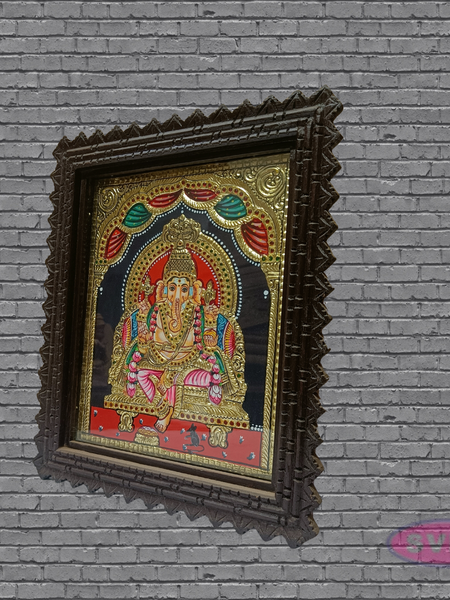 Ganesha Tanjore Art with Antique Finish Teak Wood Frame
