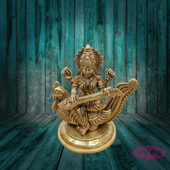 Brass Goddess Saraswati Idol on Peacock with Veena