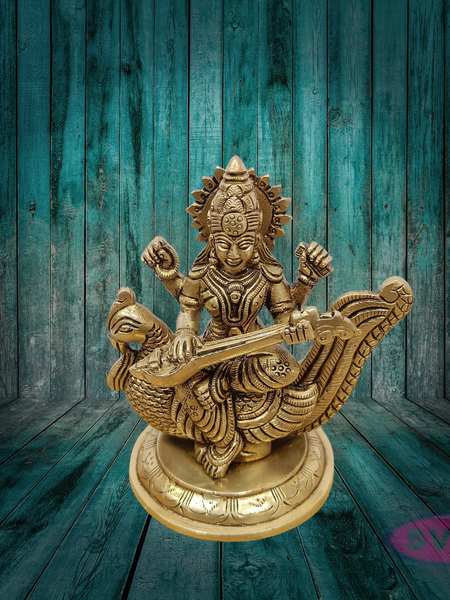 Brass Goddess Saraswati Idol on Peacock with Veena