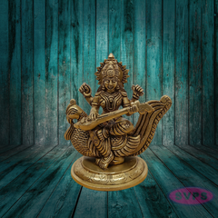 Brass Goddess Saraswati Idol on Peacock with Veena