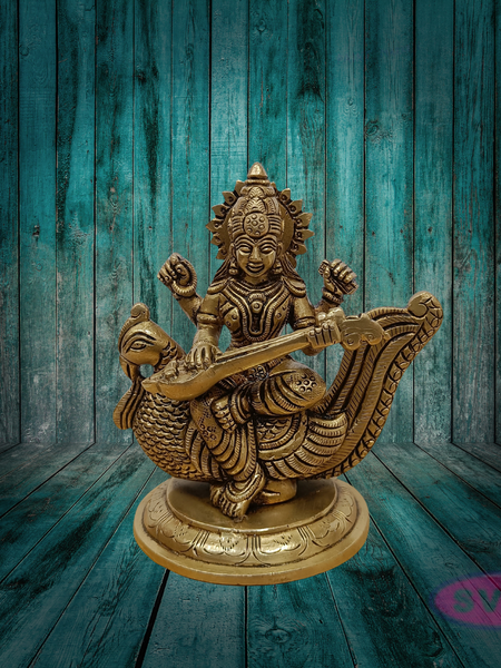 Brass Goddess Saraswati Idol on Peacock with Veena