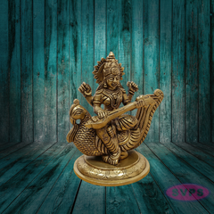 Brass Goddess Saraswati Idol on Peacock with Veena