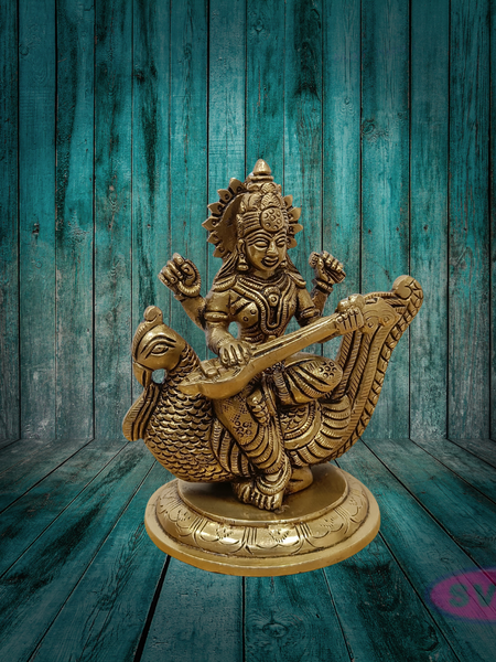 Brass Goddess Saraswati Idol on Peacock with Veena