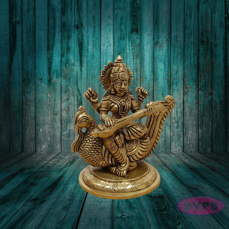 Brass Goddess Saraswati Idol on Peacock with Veena