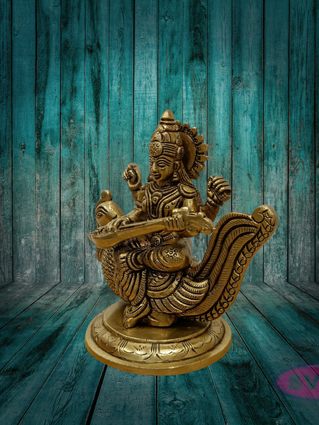 Brass Goddess Saraswati Idol on Peacock with Veena