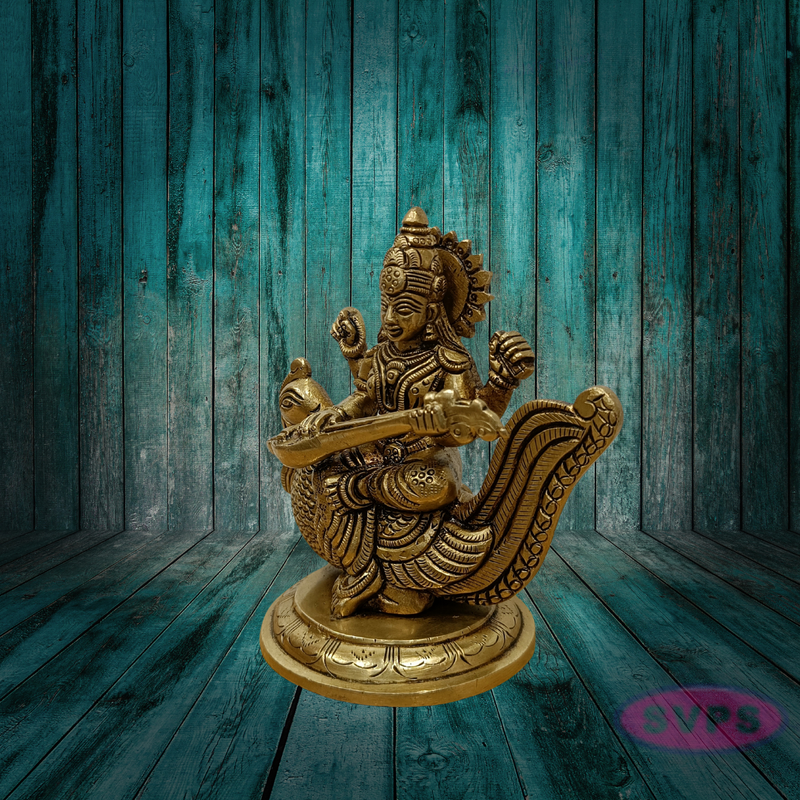Brass Goddess Saraswati Idol on Peacock with Veena