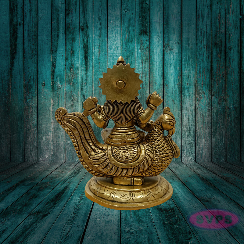 Brass Goddess Saraswati Idol on Peacock with Veena