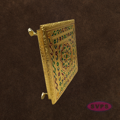 Decorative Gold Pooja Manai with Stone Kolam Pattern – Puja Chowki for Home Temple