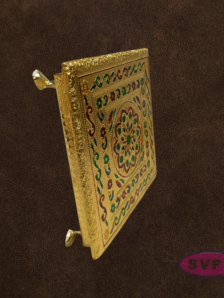 Decorative Gold Pooja Manai with Stone Kolam Pattern – Puja Chowki for Home Temple