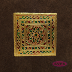 Decorative Gold Pooja Manai with Stone Kolam Pattern – Puja Chowki for Home Temple