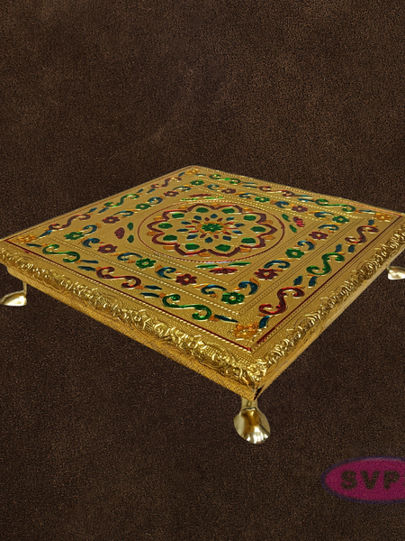 Decorative Gold Pooja Manai with Stone Kolam Pattern – Puja Chowki for Home Temple
