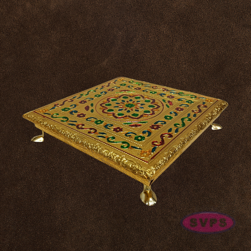 Decorative Gold Pooja Manai with Stone Kolam Pattern – Puja Chowki for Home Temple