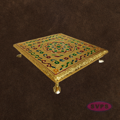 Decorative Gold Pooja Manai with Stone Kolam Pattern – Puja Chowki for Home Temple