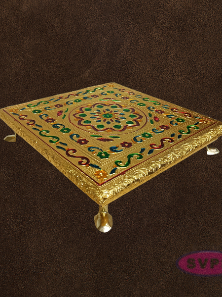 Decorative Gold Pooja Manai with Stone Kolam Pattern – Puja Chowki for Home Temple